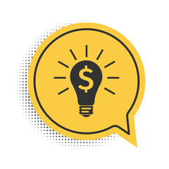 Poster - Black Light bulb with dollar symbol icon isolated on white background. Money making ideas. Fintech innovation concept. Yellow speech bubble symbol. Vector.