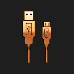 Poster - Gold USB Micro cables icon isolated on black background. Connectors and sockets for PC and mobile devices. Smartphone recharge supply. Long shadow style. Vector.