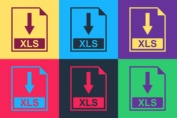 Wall Mural - Pop art XLS file document icon. Download XLS button icon isolated on color background. Vector.