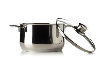 Open, empty stainless steel cooking pot with glass lid over white background, cooking or kitchen utensil