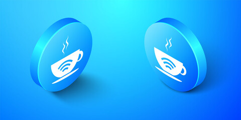 Poster - isometric cup of coffee shop with free wifi zone icon isolated on blue background. internet connecti