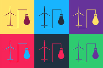 Poster - Pop art Wind mill turbine generating power energy and bulb icon isolated on color background. Natural renewable energy production using wind mills. Vector.