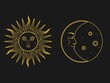 The mystical symbols - moon and sun with faces in retro style. Vector illustration