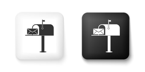 Poster - Black and white Open mail box with an envelope icon isolated on white background. Square button. Vector.