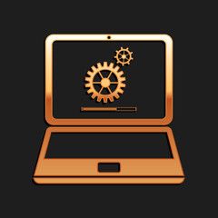 Leinwandbilder - Gold Laptop and gears icon isolated on black background. Adjusting app, service, setting options, maintenance, repair, fixing laptop concepts. Long shadow style. Vector.