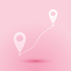 Fototapete - Paper cut Route location icon isolated on pink background. Map pointer sign. Concept of path or road. GPS navigator. Paper art style. Vector.