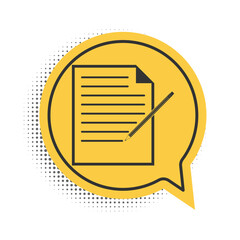Poster - Black Blank notebook and pencil with eraser icon isolated on white background. Paper and pencil. Yellow speech bubble symbol. Vector.