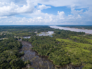 Wall Mural - Aerial drone view of Madeira river, igapo igarape lake, Amazon rainforest landscape in Rondonia, Brazil. Concept of  ecology, conservation, deforestation, environment, climate change, global warming.