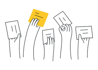 The voting process, bidding, hands raised up with papers. Sale and buy. Thin outline vector illustration on white.