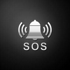 Poster - Silver Alarm bell and SOS lettering icon isolated on black background. Warning bell, help sign. Emergency SOS button. Long shadow style. Vector.