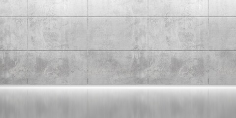 Abstract empty, modern concrete room with indirect lighting from top, plated back wall, and polished floor - industrial interior background template