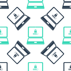 Poster - green laptop with password notification and lock icon isolated seamless pattern on white background.