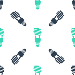 Poster - Green Energy saving light bulb icon isolated seamless pattern on white background. Vector.