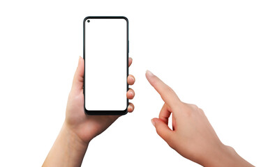 Poster - Isolated phone, woman holding and touch hand. Modern smart phone with round edges. Isolated screen for app presentation