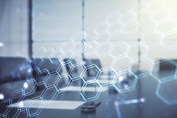 Aufkleber - Abstract virtual technology sketch with hexagon grid on a modern boardroom background, future technology and AI concept. Double exposure