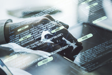 Aufkleber - Multi exposure of abstract programming language hologram and hand working with a digital tablet on background, artificial intelligence and machine learning concept