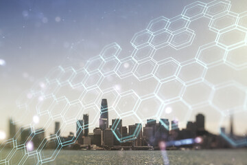 Poster - Abstract virtual wireless technology hologram with hexagon on San Francisco skyline background. Big data and database concept. Multiexposure