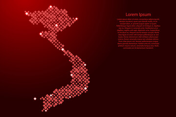 vietnam map from red pattern rhombuses of different sizes and glowing space stars grid. vector illus