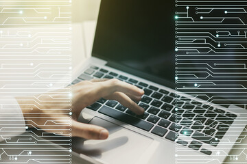 Poster - Creative abstract micro circuit sketch and hands typing on computer keyboard on background, future technology and AI concept. Double exposure