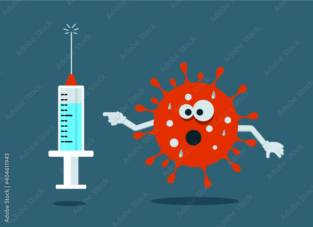 Le coronavirus montre le vaccin du doigt et tremble de peur - obrazy, fototapety, plakaty 