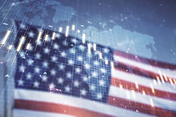 Poster - Double exposure of abstract creative financial diagram and world map on US flag and blue sky background, banking and accounting concept
