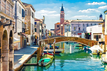 Wall Mural - Watercolor drawing of Chioggia cityscape with narrow water canal with moored multicolored boats, old buildings, brick bridge