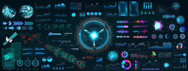 Wall Mural - HUD elements interface boxes for UI, UX and GUI design. Sky-fi collection shapes and hi-tech elements - charts, infographics, circle tech elements HUD, audio wave, 3D elements and other. Vector
