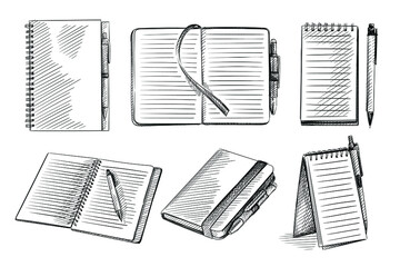 Wall Mural - Hand drawn sketch set of notebooks on a white background. Opened notebook, notebook with pen, sketchbook, spring notebook, dairy, dot grid notebook 