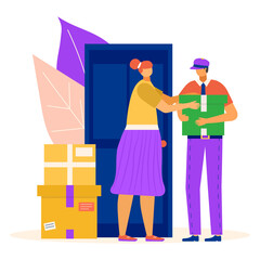 Post mail service male character postman, postal express delivery personal box package flat vector illustration, isolated on white. Online order shipment maintenance, woman client get postal parcel.