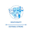 Health equity concept icon. Health programs principles. Getting proper medical service from proffesional. Clinic idea thin line illustration. Vector isolated outline RGB color drawing. Editable stroke