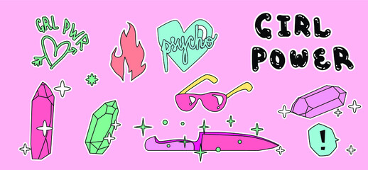 Poster - Set of pins, stickers and fashion badges in simple line art tattoo style. Collection of cartoon elements and trendy lettering.