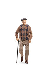 Sticker - Full length portrait of an elderly man with a cane walking towards camera