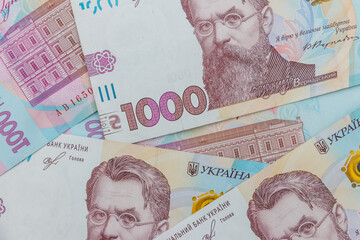 Ukrainian currency. Background of one thousand hryvnia banknotes