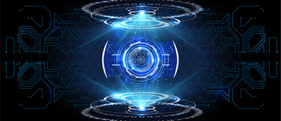 Poster - Future engineering concept with infographics  Circle portals, teleport, hologram gadget. Sky-fi digital hi-tech elements for presentation, vr, gui,