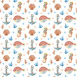 © Irina - Watercolor seamless pattern - underwater world. Seahorse, fish, corals, shells, bubbles on a white background.