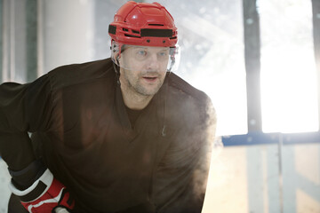 Aufkleber - Mature hockey player in protective helmet and gloves waiting for puck of rival