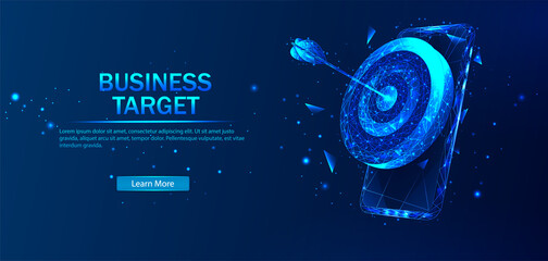 Poster - Business target isometric concept vector illustration. Abstract vector in futuristic polygonal style with wireframe, lowpoly triangles on a blue background with stars.