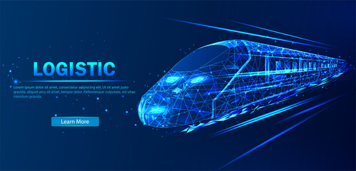 Future logistics, transport concept.  Abstract vector in futuristic polygonal style with wireframe, lowpoly triangles on a blue background with stars. Logistics concept high-speed train.