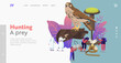 Falconry Landing Page Template. Tiny Characters Holding Professional Equipment for Falcon Training. Arabian Sport