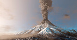 Snowy mountain volcano eruption with smoke cloud over the top
