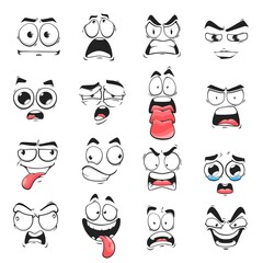 Canvas Print - Cartoon face expression isolated vector icons, negative emoji evil, scared and shocked, gloat, grin, smirk or crazy. Facial feelings yelling, show tongue, preoccupied, crying and upset emoticons set