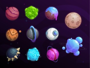 Poster - Planets of fantasy space cartoon vector set, game ui, gui or user interface design. Galaxy universe of alien world with planets, stars, asteroids and orbit satellites, craters, ice, rings and horns