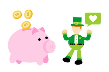 Happy Leprechaun and pig bank money dollar economy finance cartoon doodle flat design style vector illustration