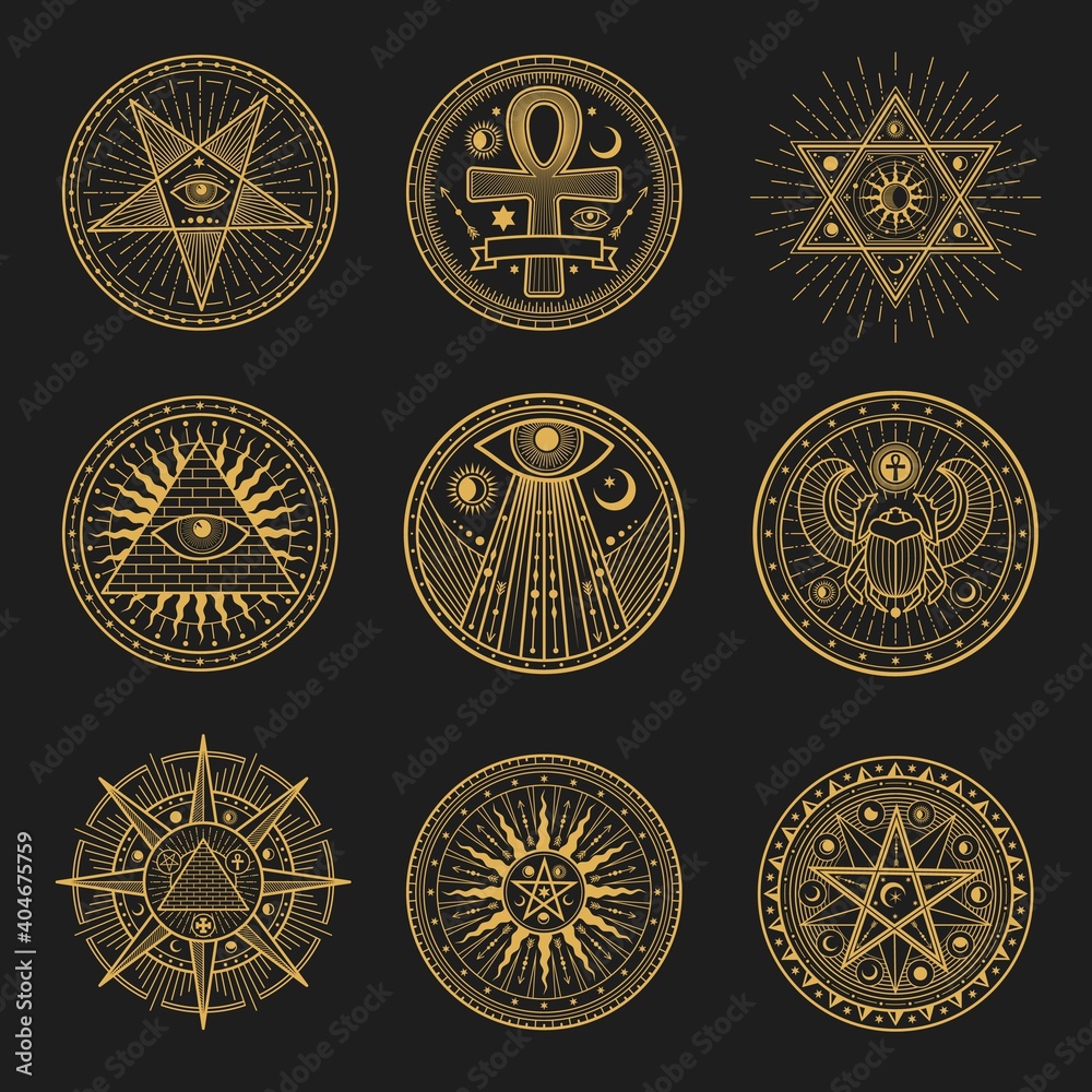 Occult signs, occultism, alchemy and astrology symbols and sacred religion mystic emblems. Vector magic eye, masonry pyramid and scarab, sun and moon in pentagram, egypt ankh esoteric round signs set - obrazy, fototapety, plakaty 