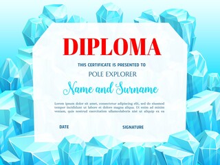 school education diploma for pole explorer with ice crystals. vector template with precious or magic