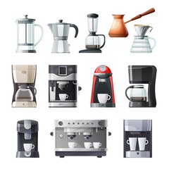 Wall Mural - Coffee maker and machine vector icons set. Cartoon coffee pot and espresso machine with cup and mug, french press, drip, pour over and turkish cezve, aeropress, moka pot and single serve machine