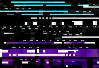 Leinwandbilder - Abstract background with glitch effect, vector distortion, glitched colored horizontal stripes, numbers and random pixels on black screen. Television distorted glitch video effect, no signal TV frame