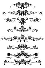 Aufkleber - Dividers and frame border lines vector design with black rose flowers. Floral ornament and ornate pattern of rose vine swirls, blossom, buds and leaves, vintage vignette and calligraphy elements