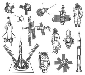 Poster - Space exploration vector icons astronaut, rocket and satellite with galaxy station. Cosmos explore shuttles and cosmonauts in outer space. Colonization mission isolated monochrome retro labels set