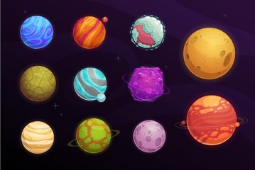Poster - Alien planets vector cartoon set of space game user interface, ui or gui design. Fantasy galaxy universe planets and stars with craters, asteroids and satellites, orbits, ice crystal and meteor rings